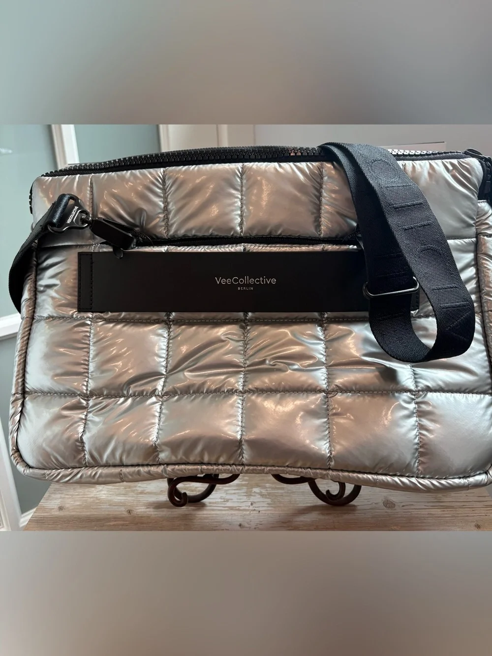VeeCollective Porter Quilted Laptop Sleeve- Metallic Silver (fits up to 16”)